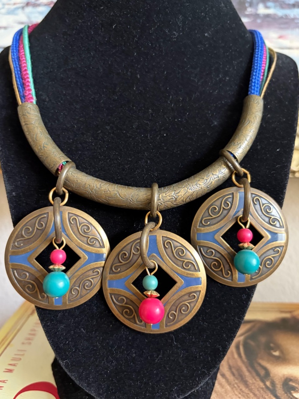 Boho Style Jangly Bronze Tone Metal Medallions Beads Colorful Cords
